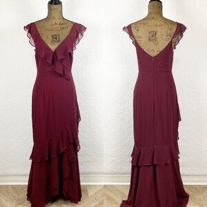 NWOT Lulus Charming Event Burgundy Asymmetrical Ruffled Maxi Dress